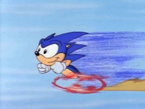 A picture of Sonic the Hedgehog running to the left. Speed is indicated by the dust cloud behind him and the background being a blur.